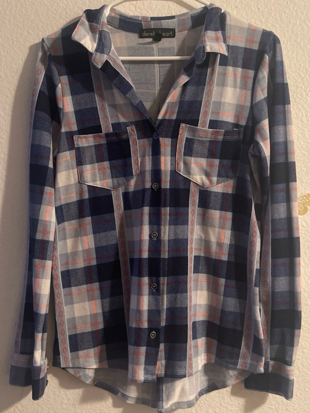 Derek Heart Navy, White & Peach Plaid Button-Up Shirt